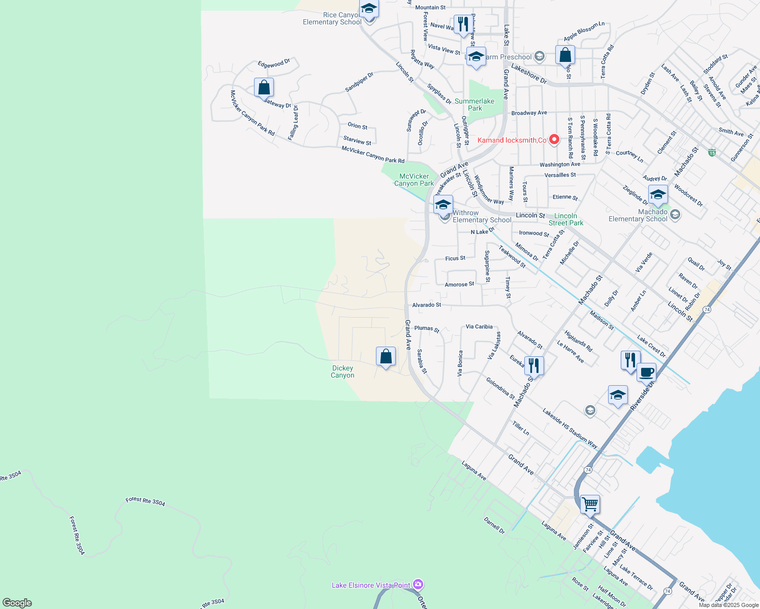 map of restaurants, bars, coffee shops, grocery stores, and more near 14845 Amorose Street in Lake Elsinore