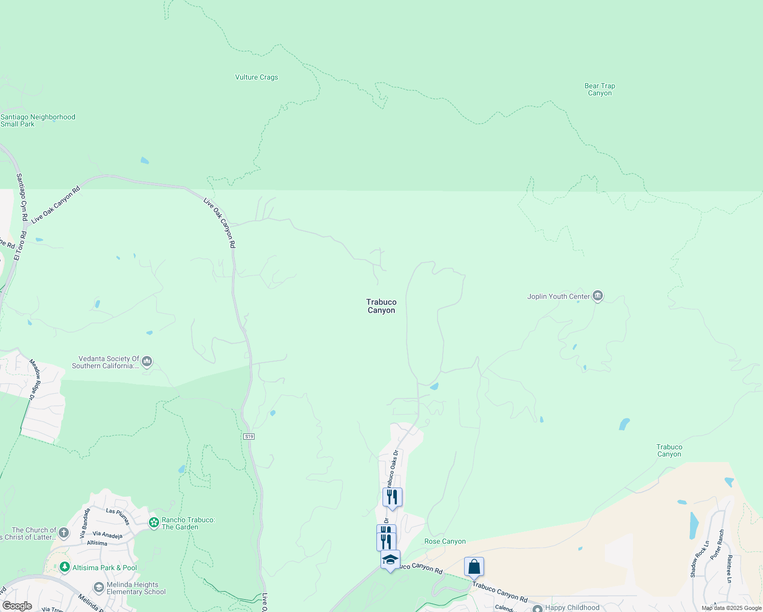 map of restaurants, bars, coffee shops, grocery stores, and more near 19415 Cascade Drive in Trabuco Canyon