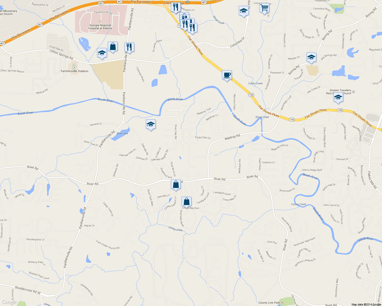 map of restaurants, bars, coffee shops, grocery stores, and more near 3590 Waldrop Farms Dr in Decatur