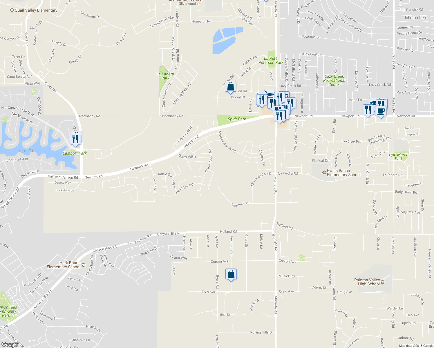 map of restaurants, bars, coffee shops, grocery stores, and more near 30704 Stage Coach Road in Menifee