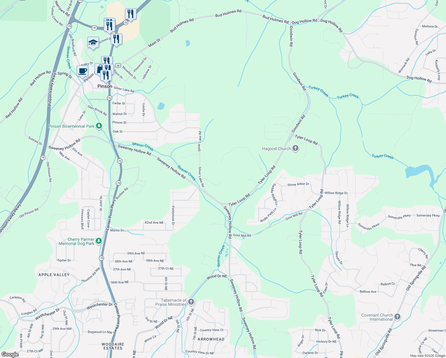 map of restaurants, bars, coffee shops, grocery stores, and more near 6445 Bogue Road in Pinson