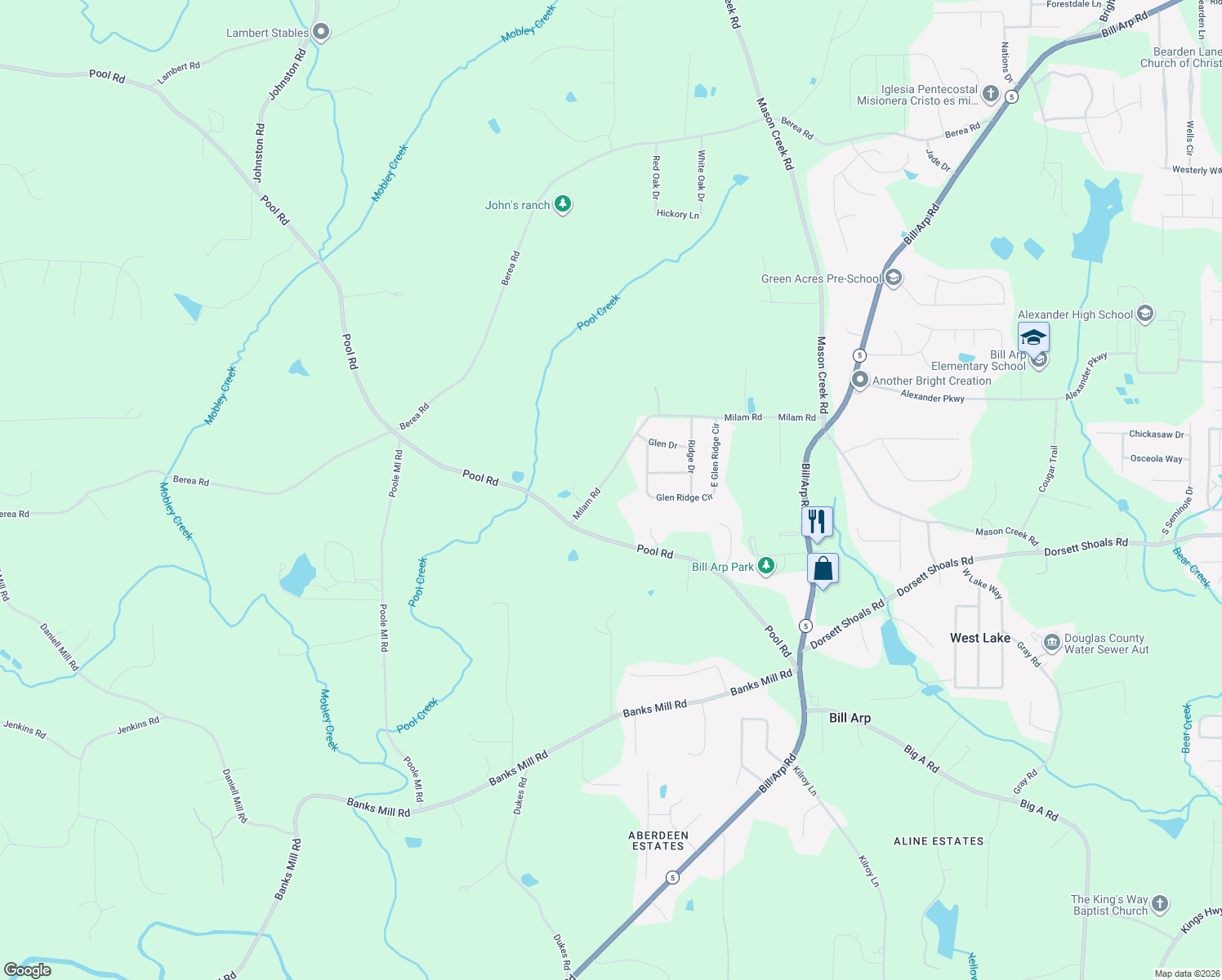 map of restaurants, bars, coffee shops, grocery stores, and more near 7375 Milam Road in Winston