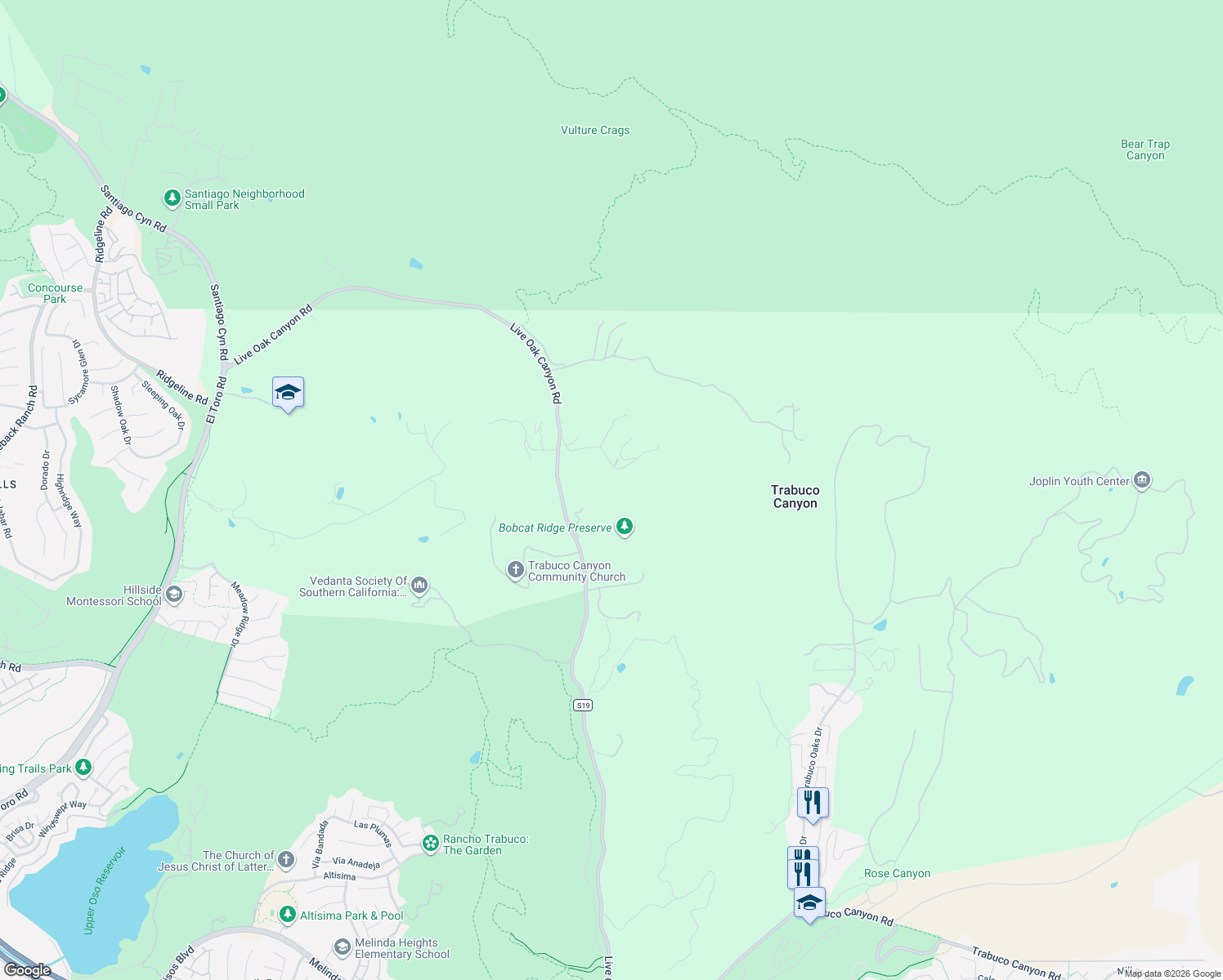 map of restaurants, bars, coffee shops, grocery stores, and more near in Trabuco Canyon