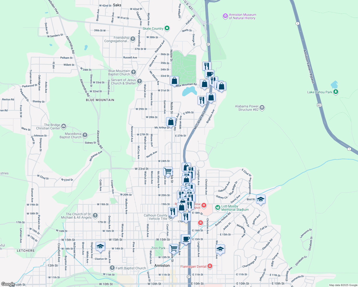 map of restaurants, bars, coffee shops, grocery stores, and more near 2540 Wilmer Avenue in Anniston