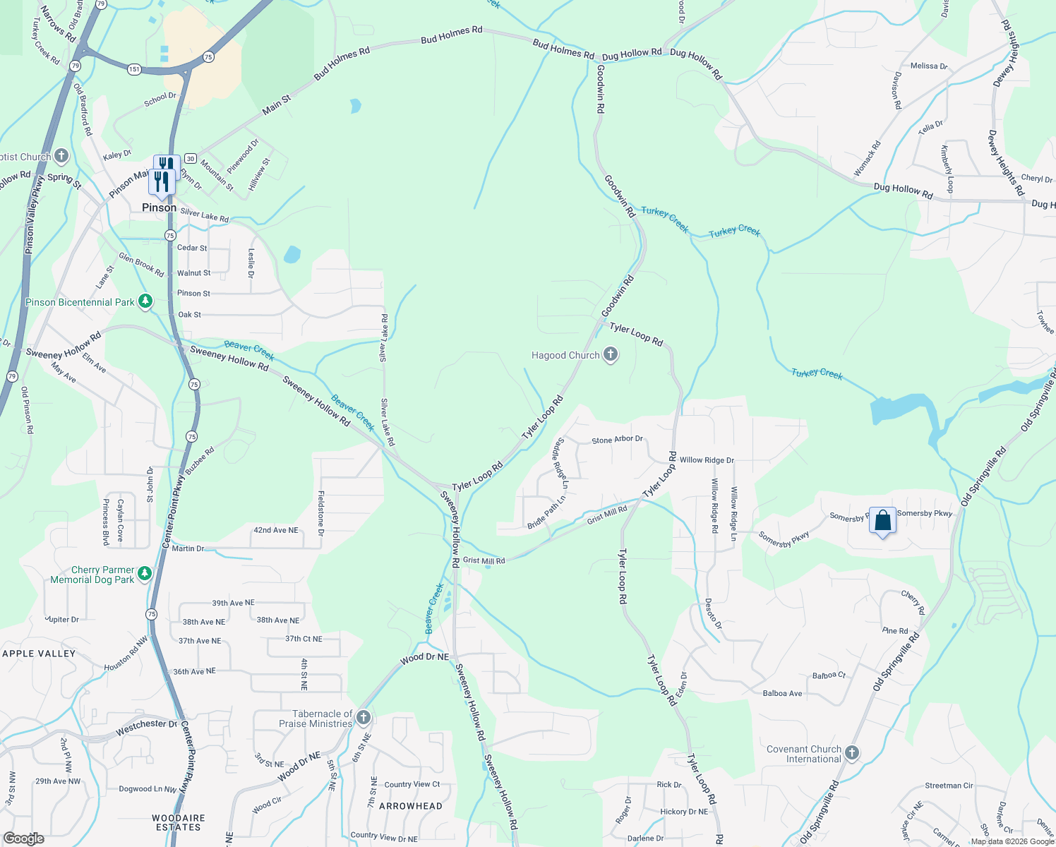 map of restaurants, bars, coffee shops, grocery stores, and more near 6337 Tyler Loop Road in Pinson