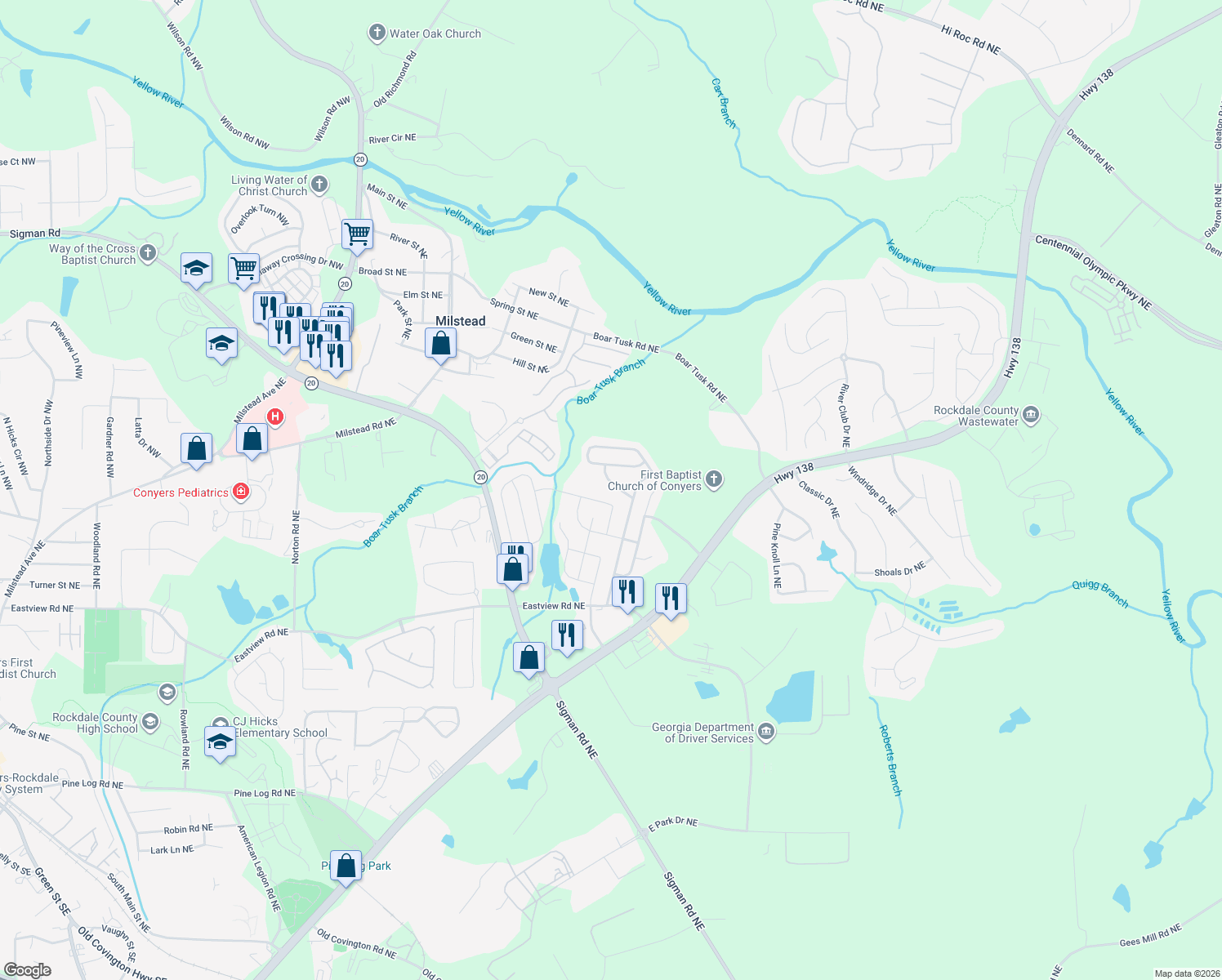 map of restaurants, bars, coffee shops, grocery stores, and more near 1910 Keystone Way in Conyers