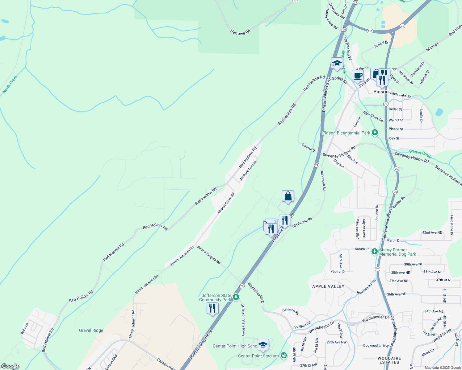 map of restaurants, bars, coffee shops, grocery stores, and more near 5855 Walnut Grove Road in Center Point