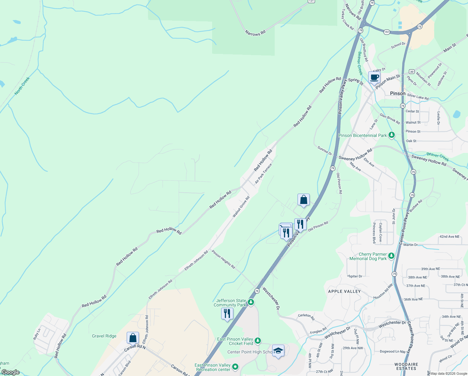 map of restaurants, bars, coffee shops, grocery stores, and more near 5950 Red Hollow Road in Birmingham