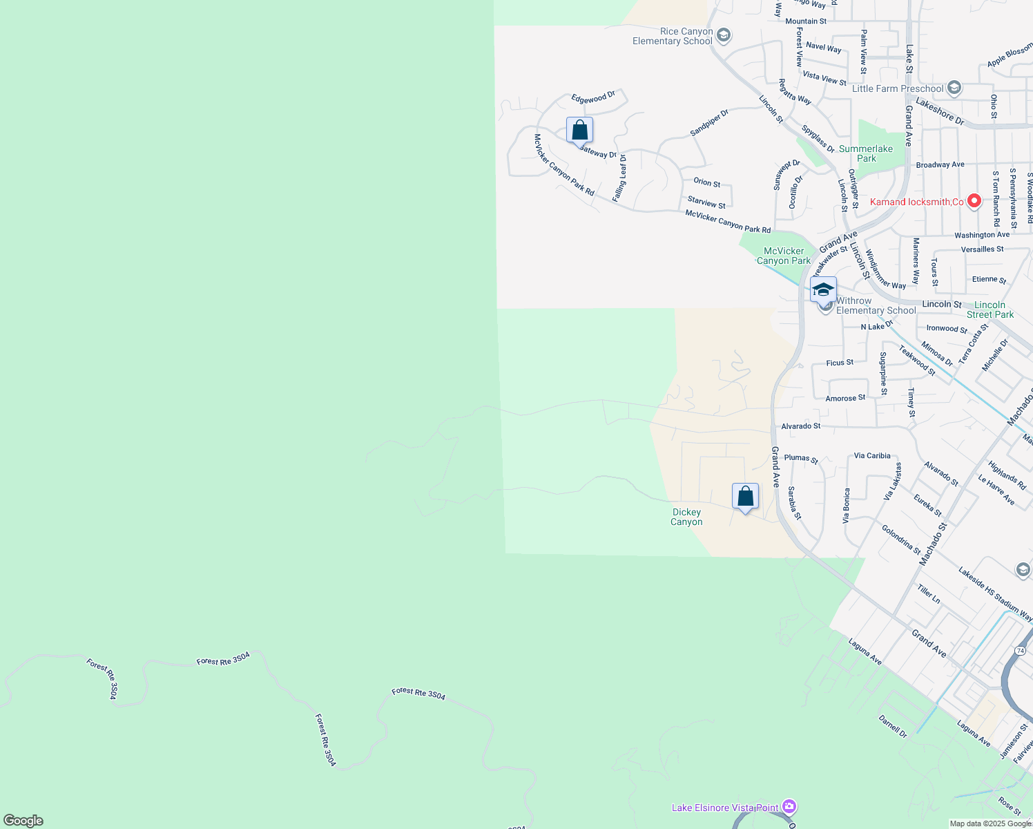 map of restaurants, bars, coffee shops, grocery stores, and more near Leach Canyon Road in Lake Elsinore