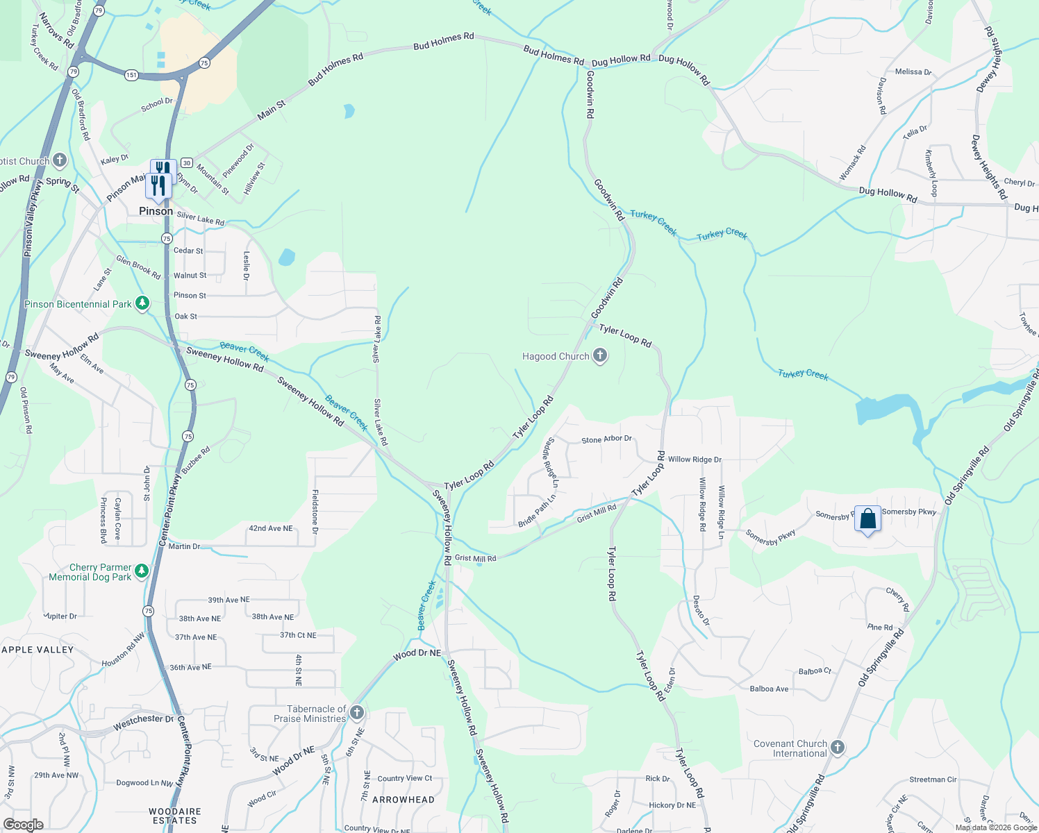 map of restaurants, bars, coffee shops, grocery stores, and more near 6337 Tyler Loop Road in Pinson