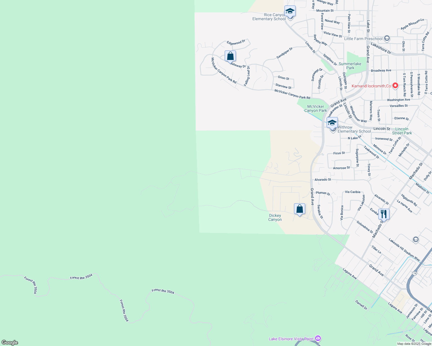 map of restaurants, bars, coffee shops, grocery stores, and more near Leach Canyon Road in Lake Elsinore