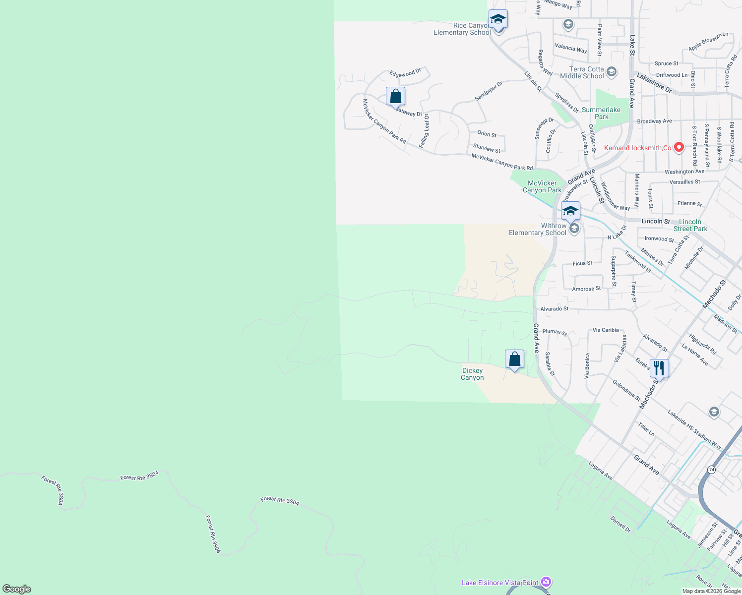 map of restaurants, bars, coffee shops, grocery stores, and more near Leach Canyon Road in Lake Elsinore