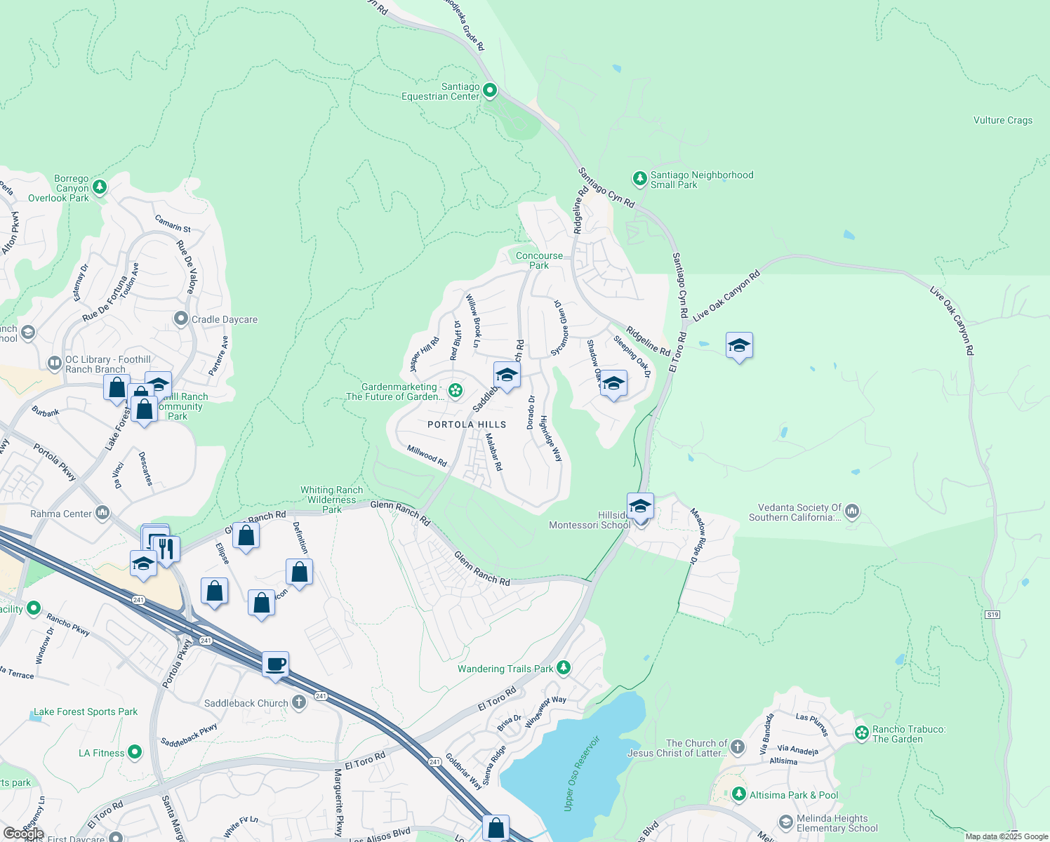 map of restaurants, bars, coffee shops, grocery stores, and more near 19525 Dorado Drive in Trabuco Canyon