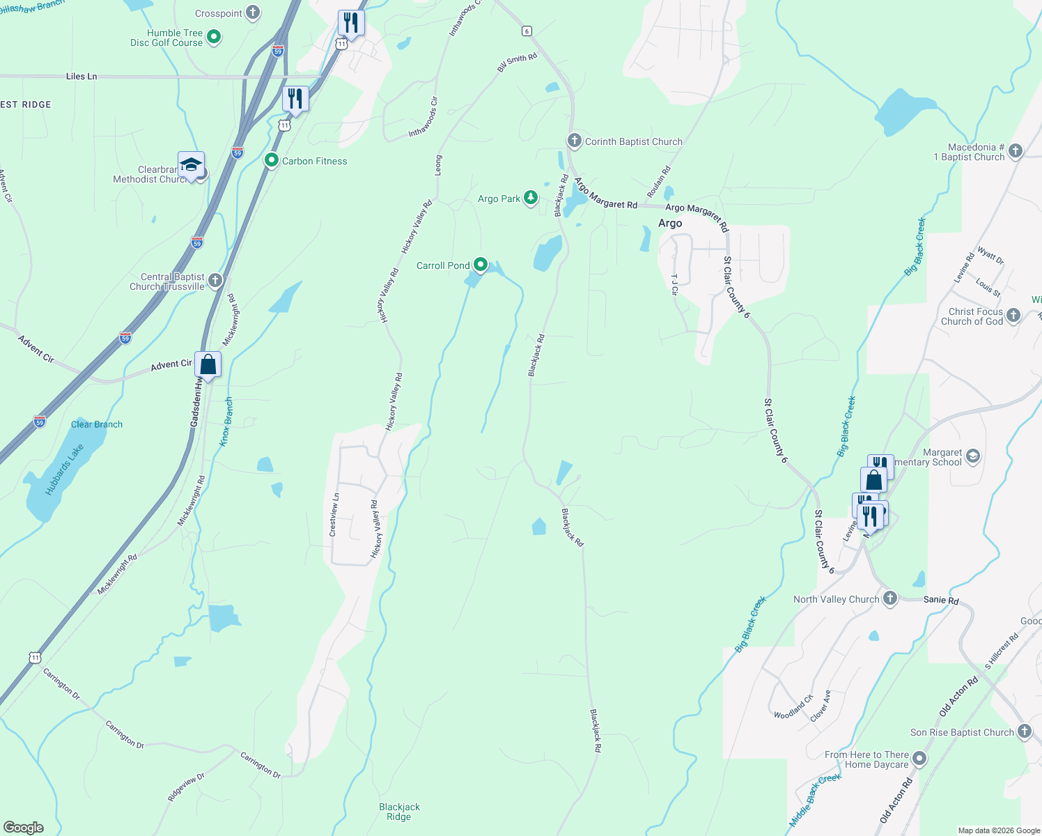 map of restaurants, bars, coffee shops, grocery stores, and more near 690 Blackjack Road in Trussville