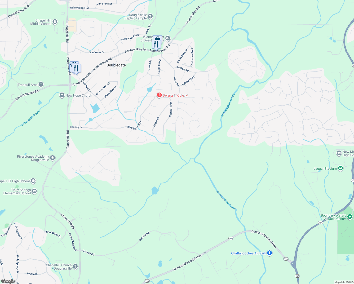 map of restaurants, bars, coffee shops, grocery stores, and more near 4599 White Road in Douglasville