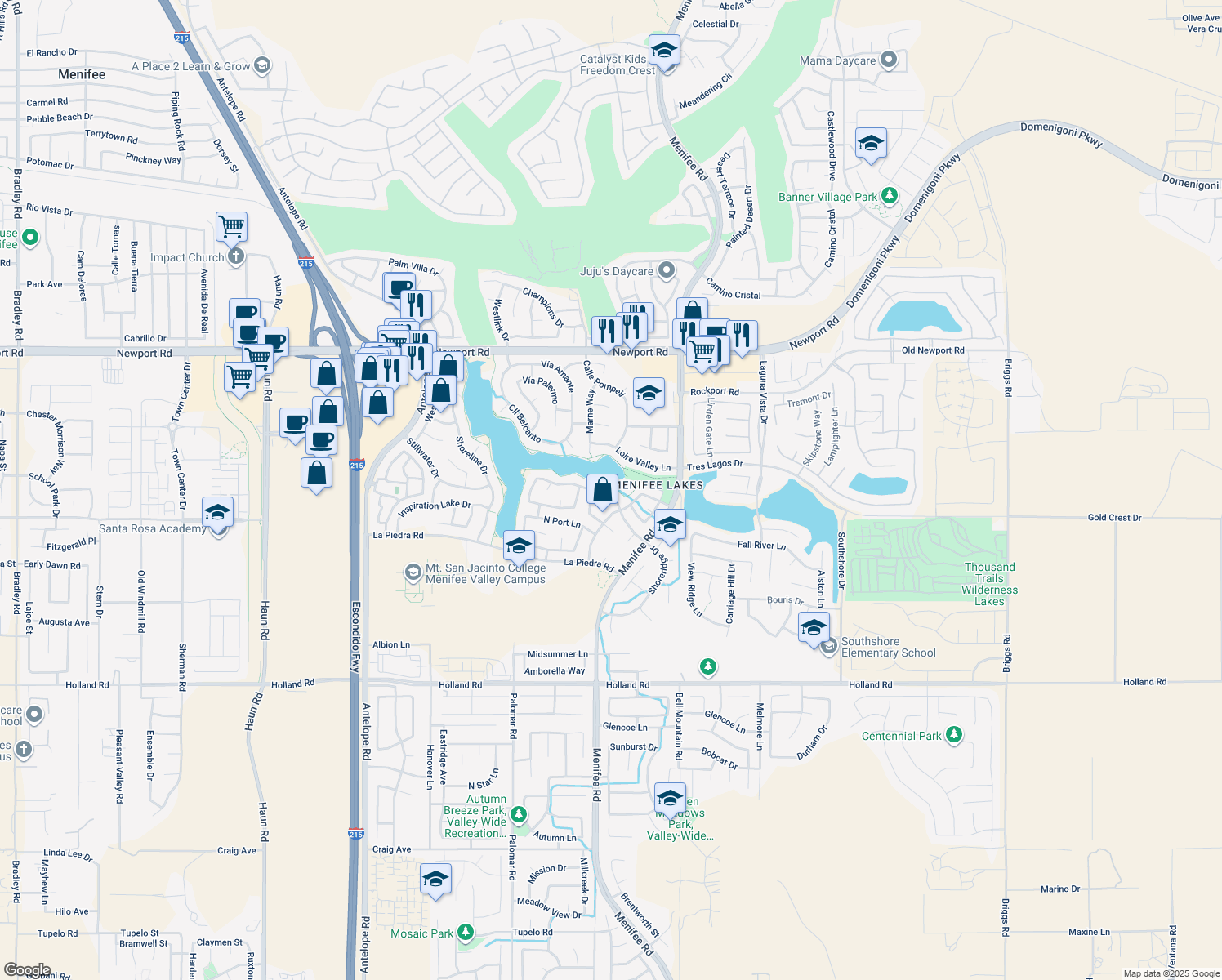 map of restaurants, bars, coffee shops, grocery stores, and more near 28724 Bridge Water Lane in Menifee