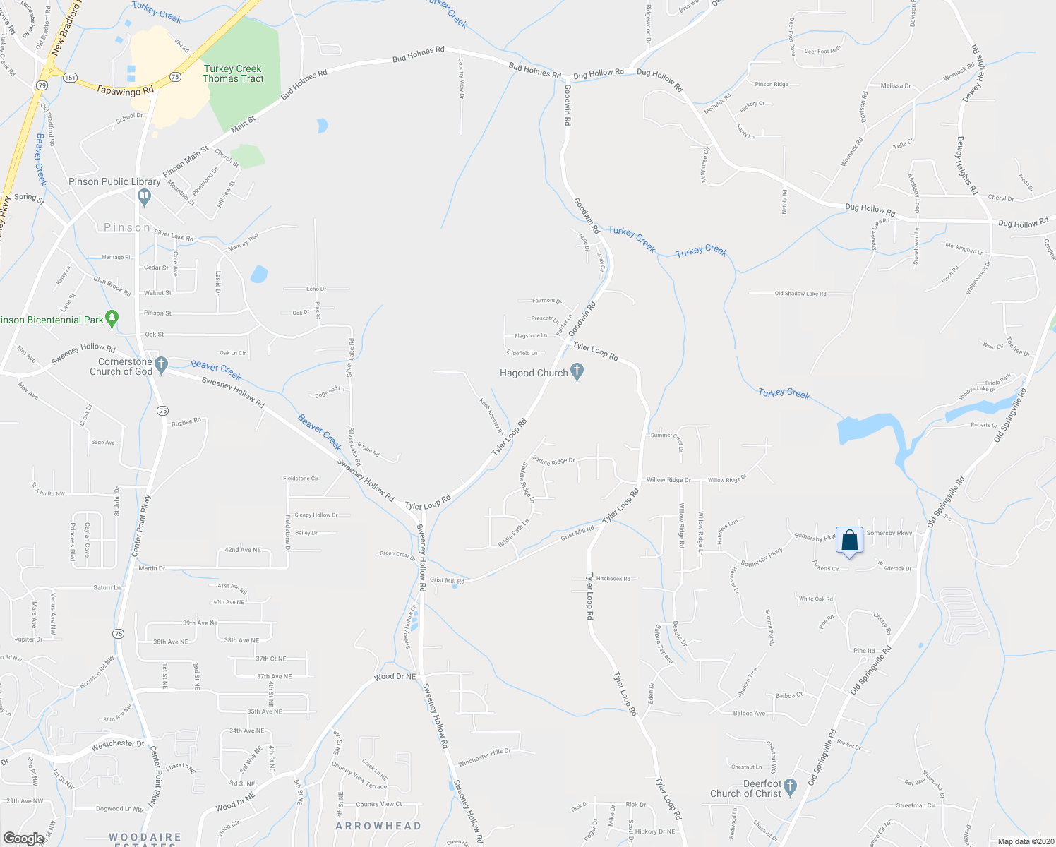 map of restaurants, bars, coffee shops, grocery stores, and more near 6300 Tyler Loop Road in Pinson