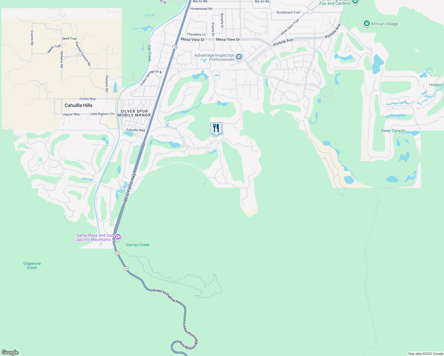 map of restaurants, bars, coffee shops, grocery stores, and more near 607 Rocky Creek in Palm Desert