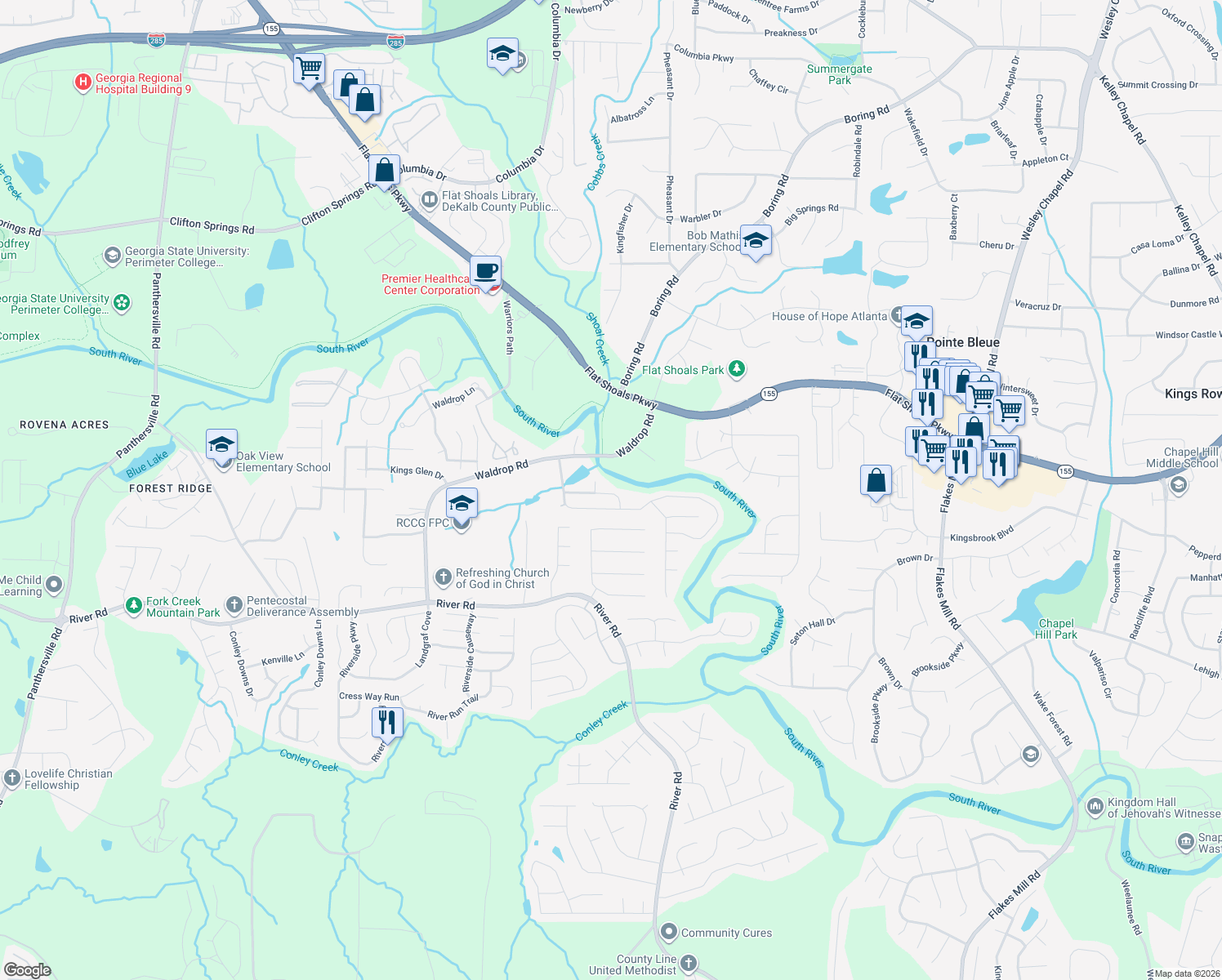 map of restaurants, bars, coffee shops, grocery stores, and more near 3746 Waldrop Creek Court in Decatur