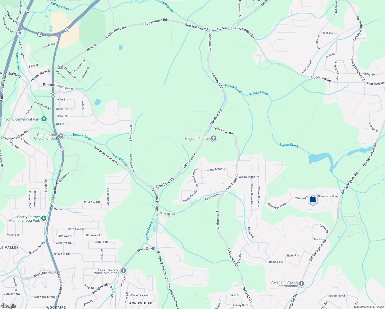 map of restaurants, bars, coffee shops, grocery stores, and more near 6295 Tyler Loop Road in Pinson