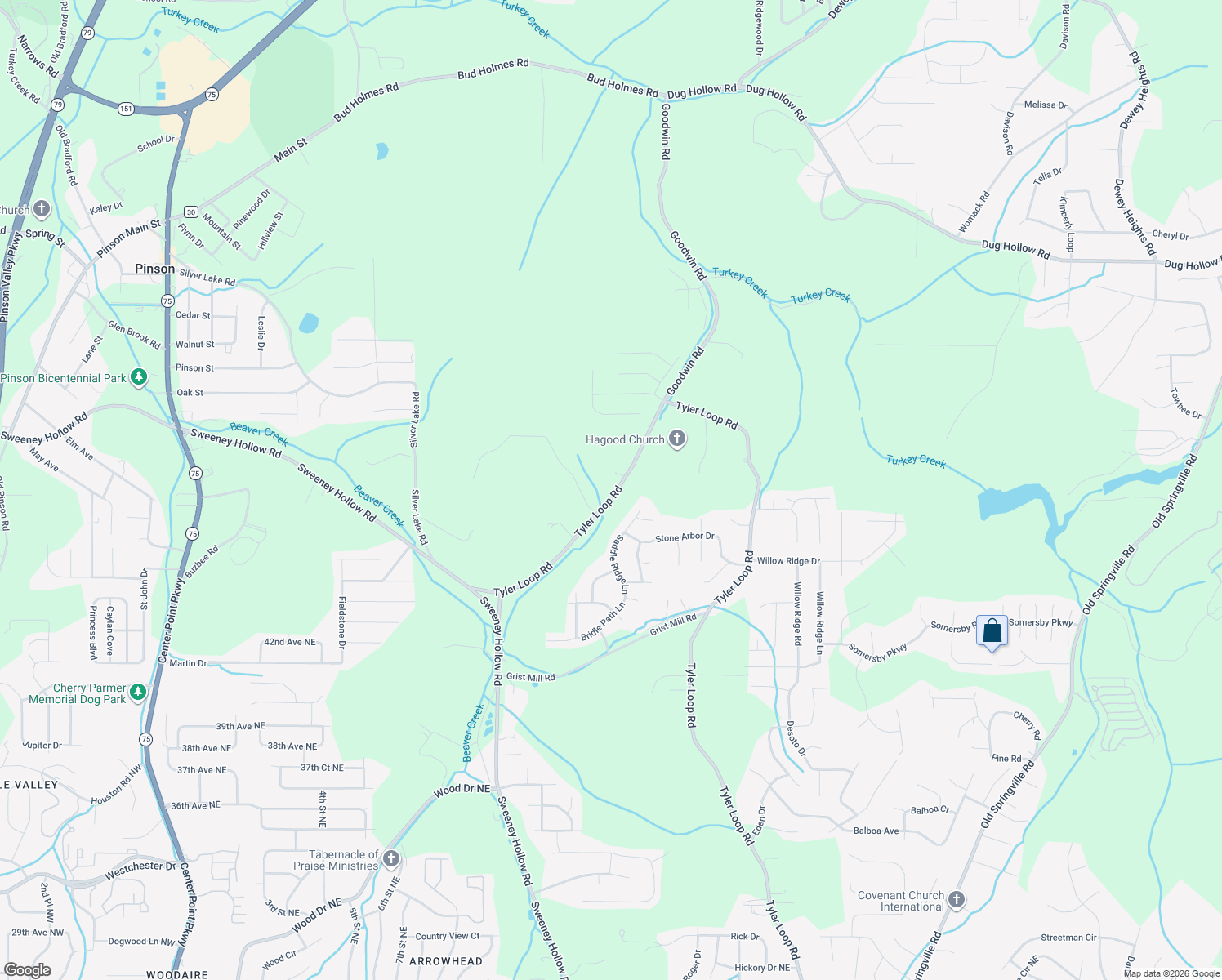 map of restaurants, bars, coffee shops, grocery stores, and more near 6295 Tyler Loop Road in Pinson