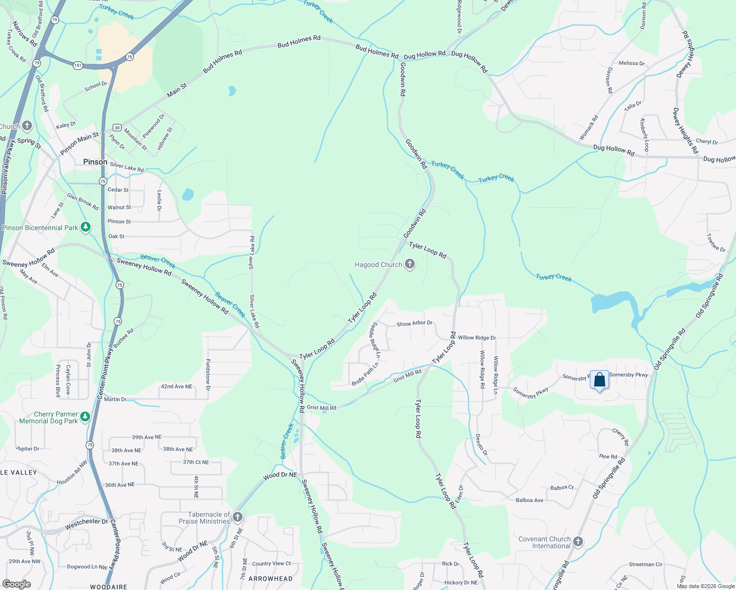 map of restaurants, bars, coffee shops, grocery stores, and more near 6295 Tyler Loop Road in Pinson