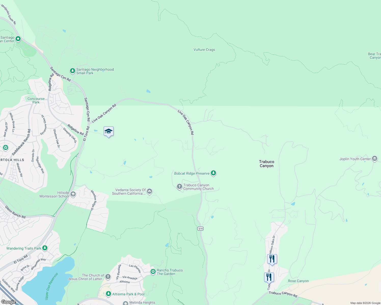 map of restaurants, bars, coffee shops, grocery stores, and more near 19411 Live Oak Canyon Road in Trabuco Canyon