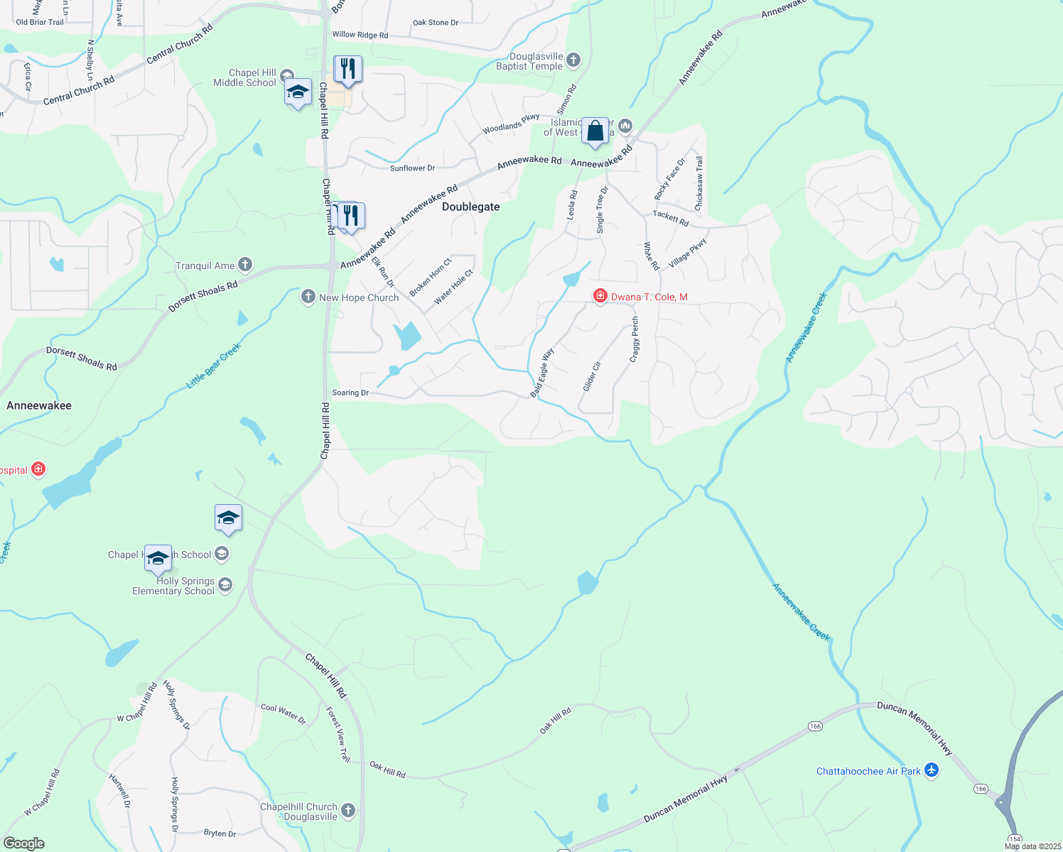 map of restaurants, bars, coffee shops, grocery stores, and more near 4645 Skyward Pass in Douglasville