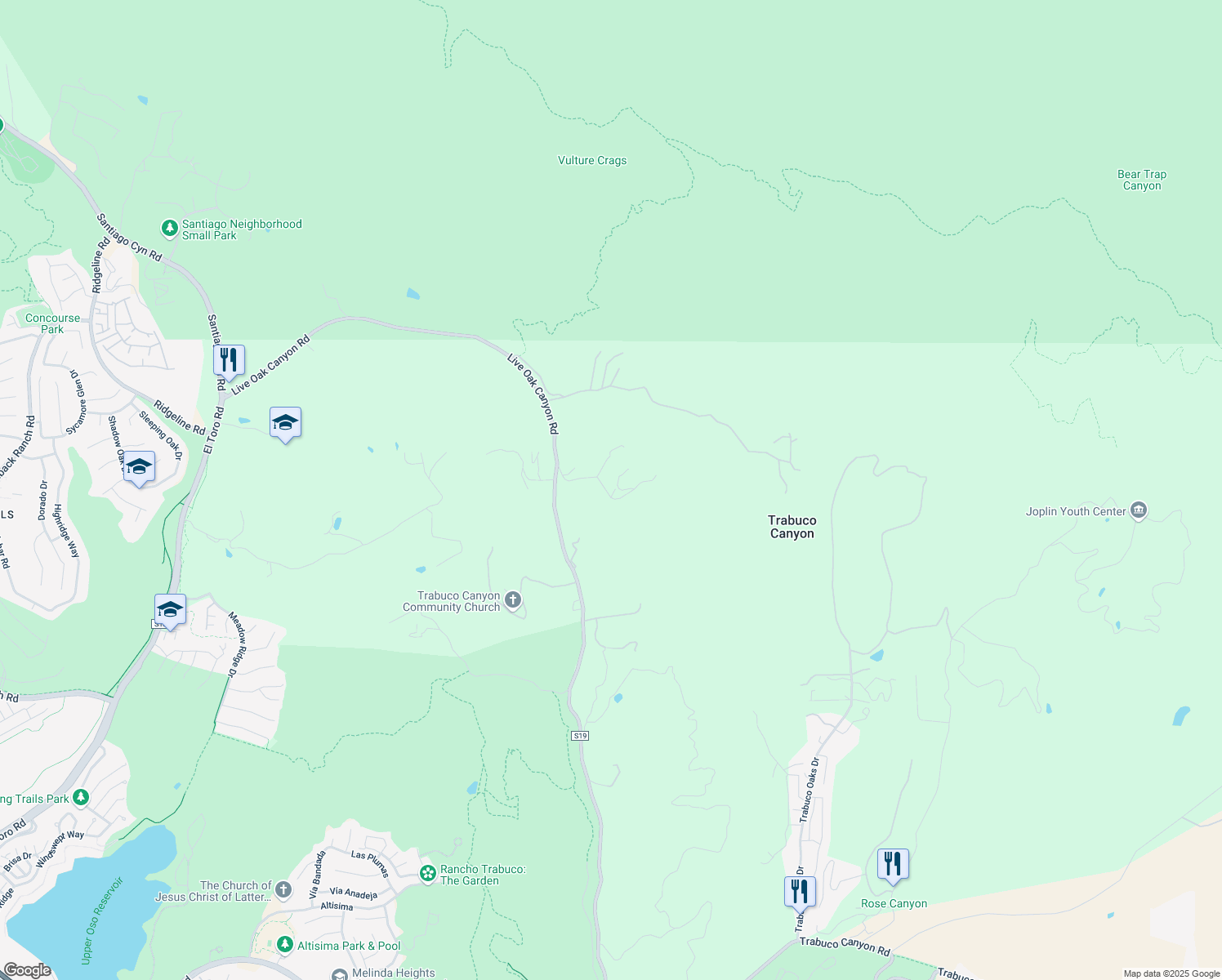 map of restaurants, bars, coffee shops, grocery stores, and more near 30465 Hunky Dory Lane in Trabuco Canyon