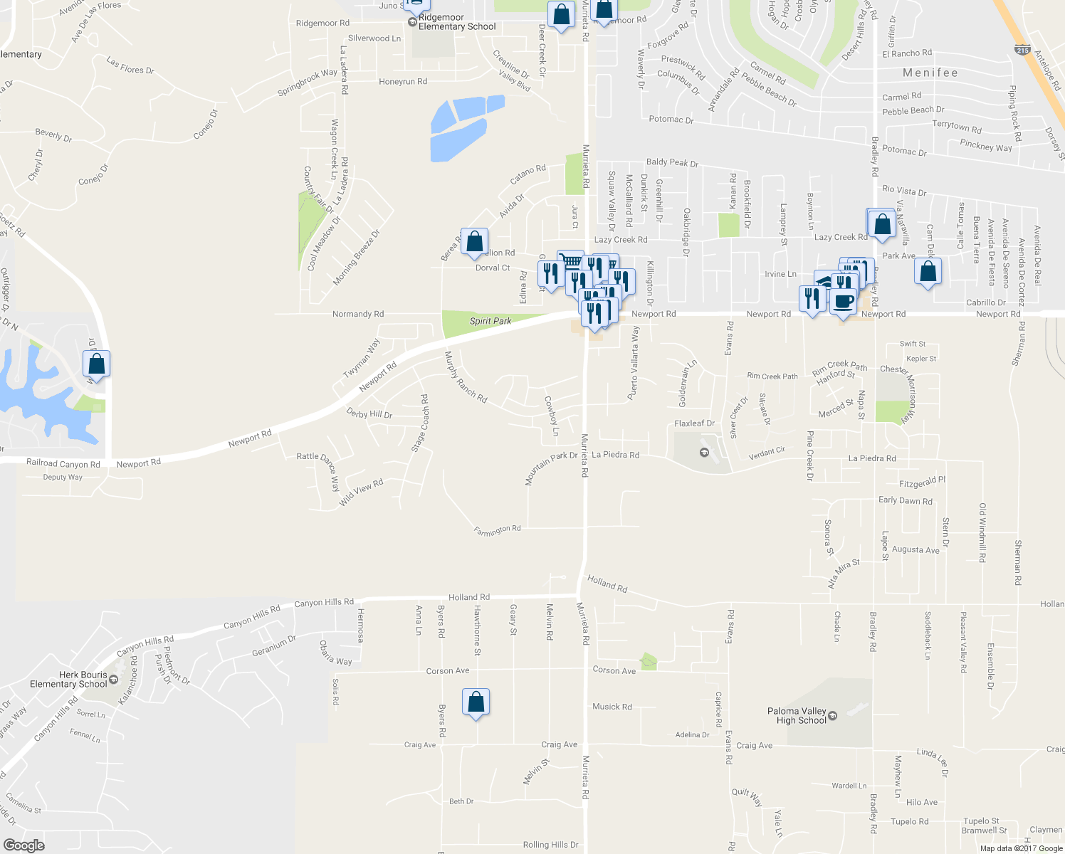 map of restaurants, bars, coffee shops, grocery stores, and more near 25822 Wilderness Way in Menifee