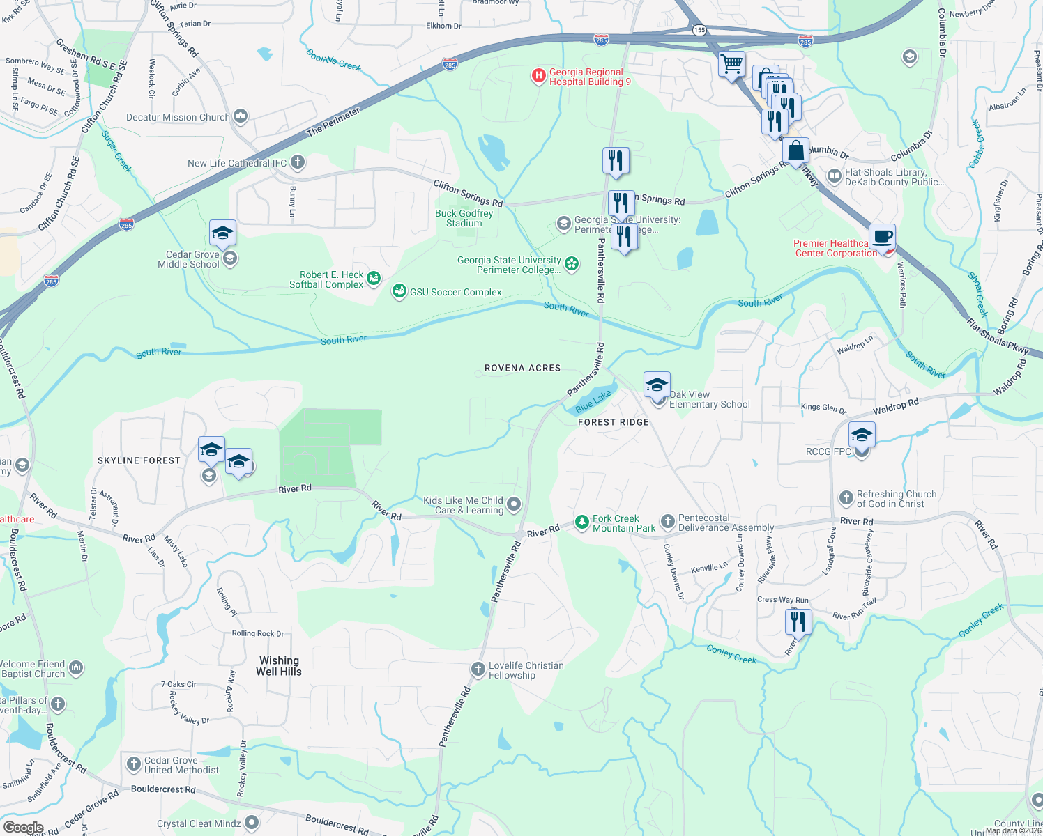 map of restaurants, bars, coffee shops, grocery stores, and more near 2726 River Tree Drive in Decatur