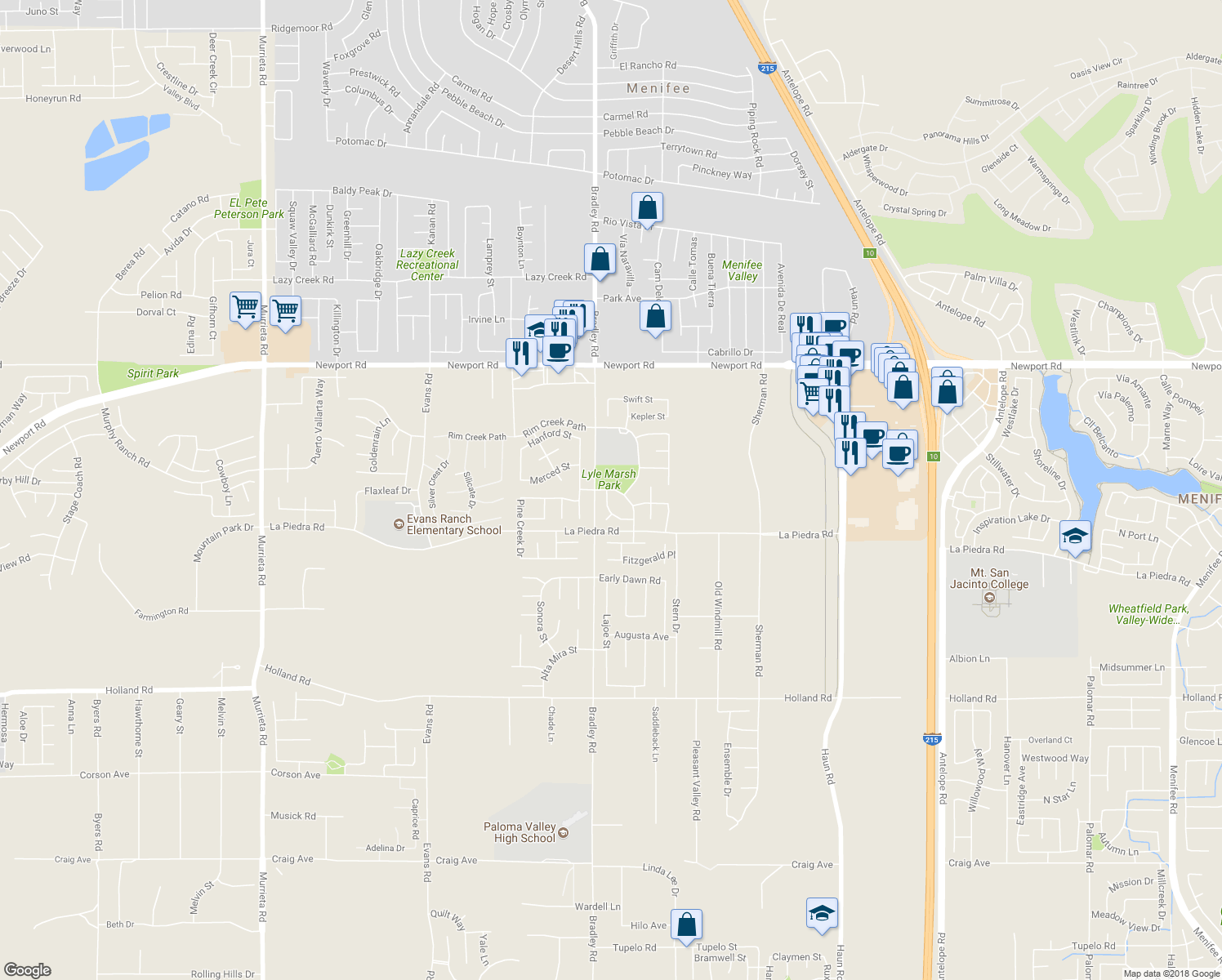 map of restaurants, bars, coffee shops, grocery stores, and more near 27081 School Park Drive in Menifee