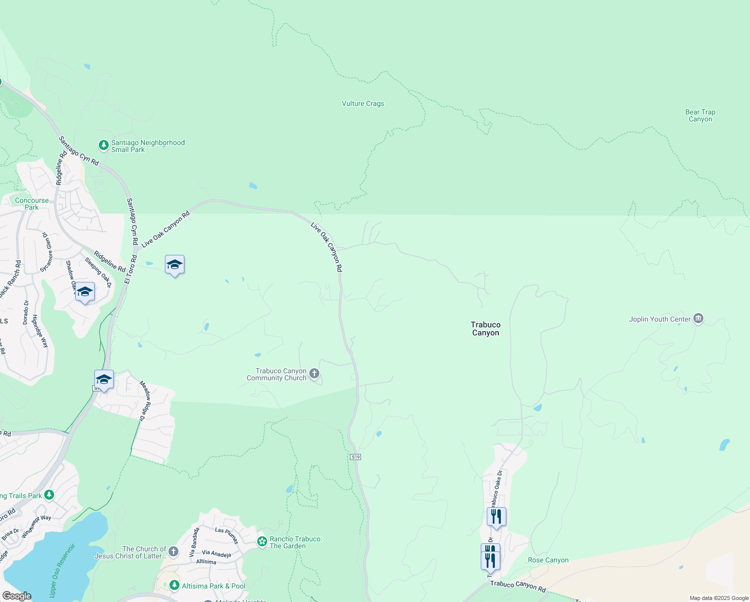 map of restaurants, bars, coffee shops, grocery stores, and more near 30465 Hunky Dory Lane in Trabuco Canyon