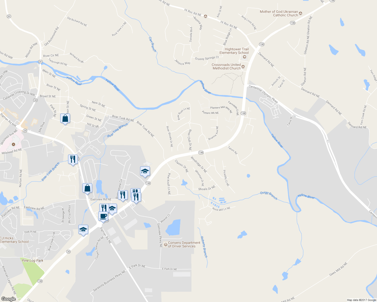 map of restaurants, bars, coffee shops, grocery stores, and more near 1300 River Club Drive Northeast in Conyers