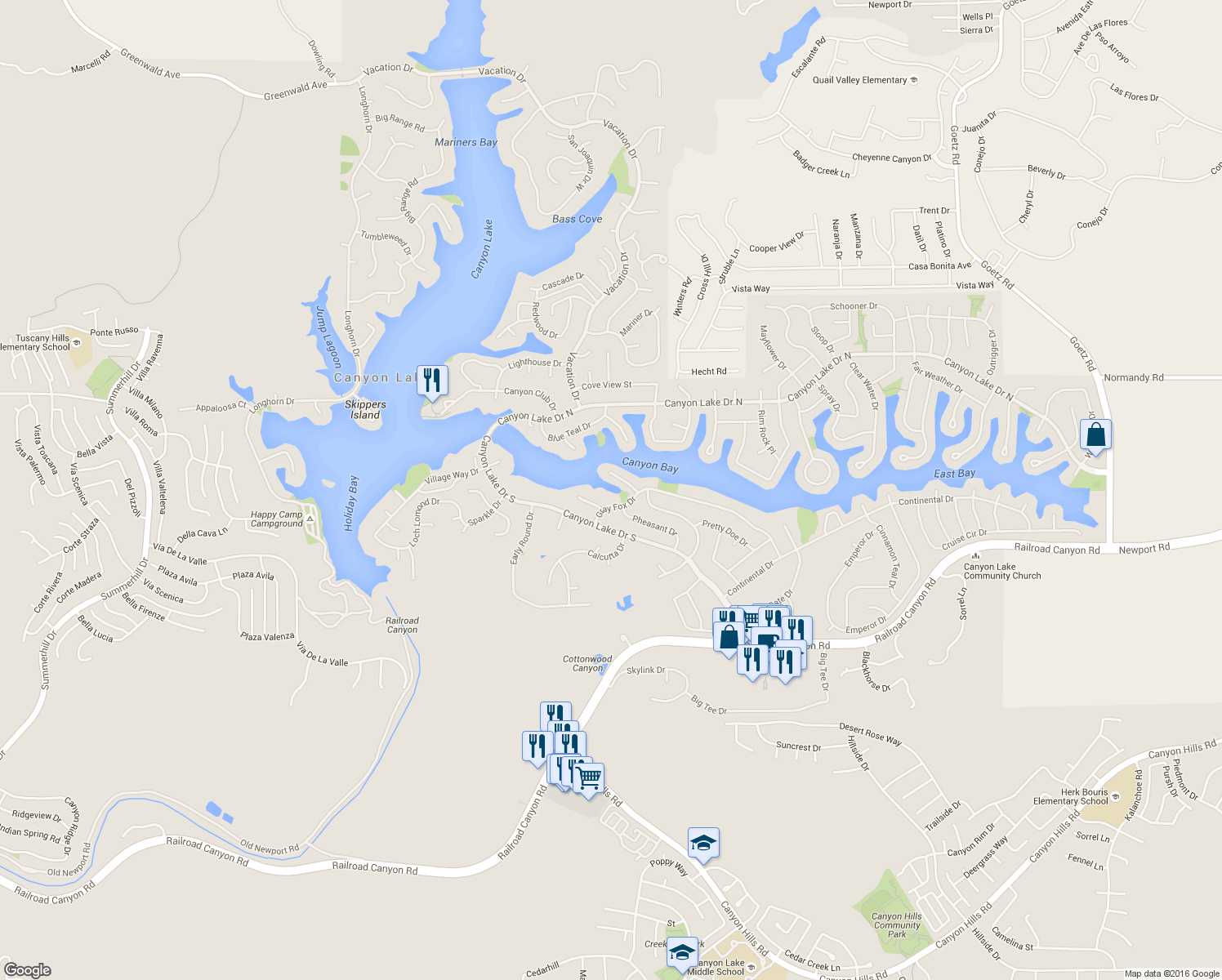 map of restaurants, bars, coffee shops, grocery stores, and more near 22676 Gray Fox Dr in Canyon Lake
