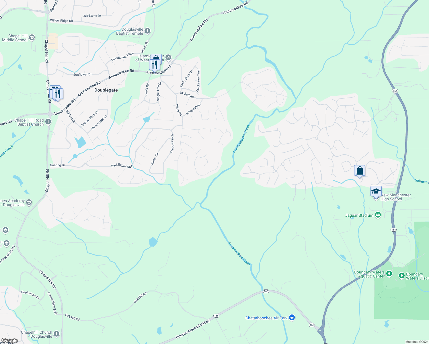 map of restaurants, bars, coffee shops, grocery stores, and more near 3159 Lower Creek Drive in Douglasville