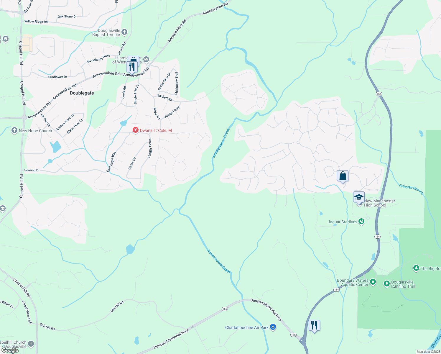 map of restaurants, bars, coffee shops, grocery stores, and more near 3530 Ridge Hill Parkway in Douglasville