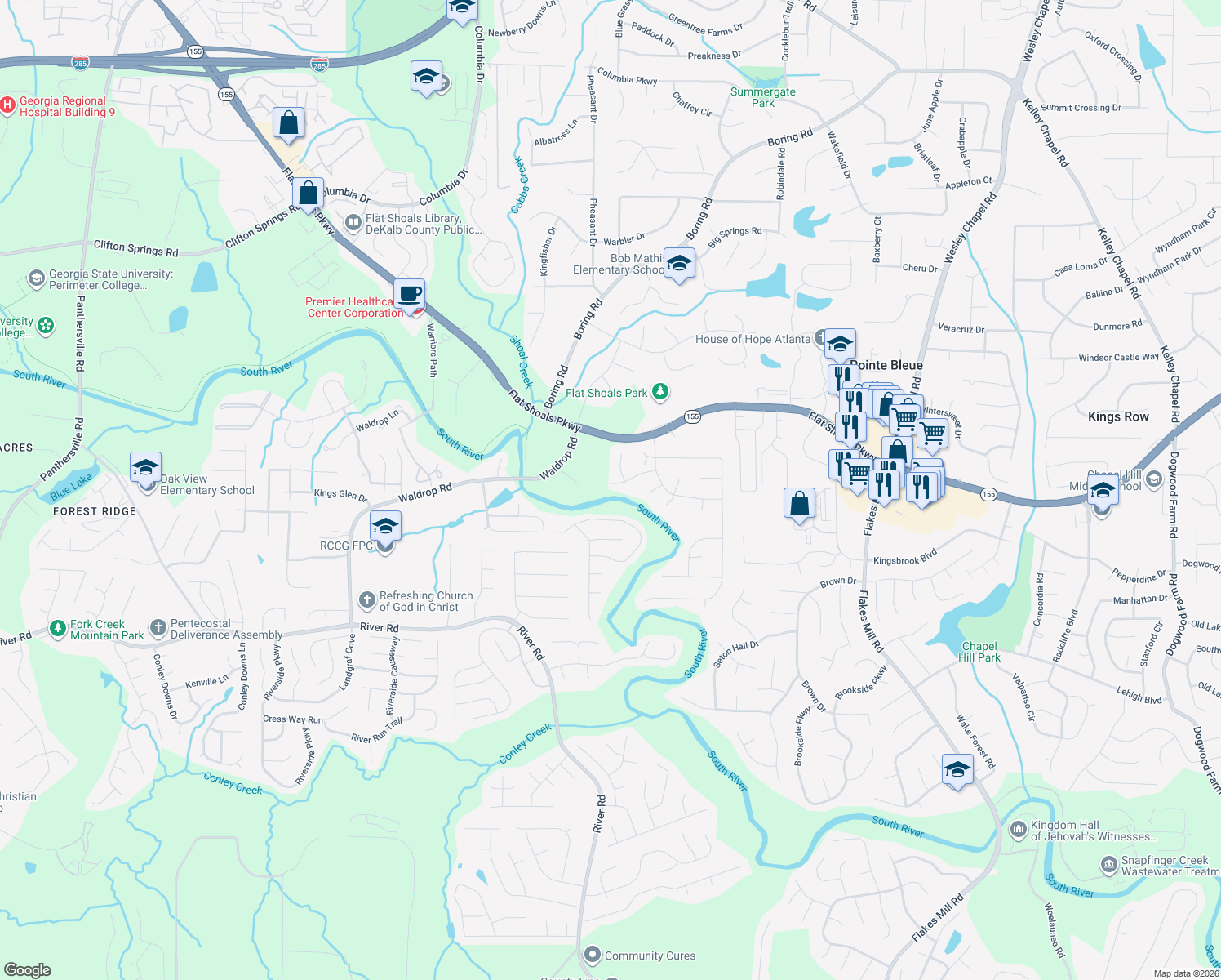 map of restaurants, bars, coffee shops, grocery stores, and more near 3519 Cherry Ridge Trail in Decatur