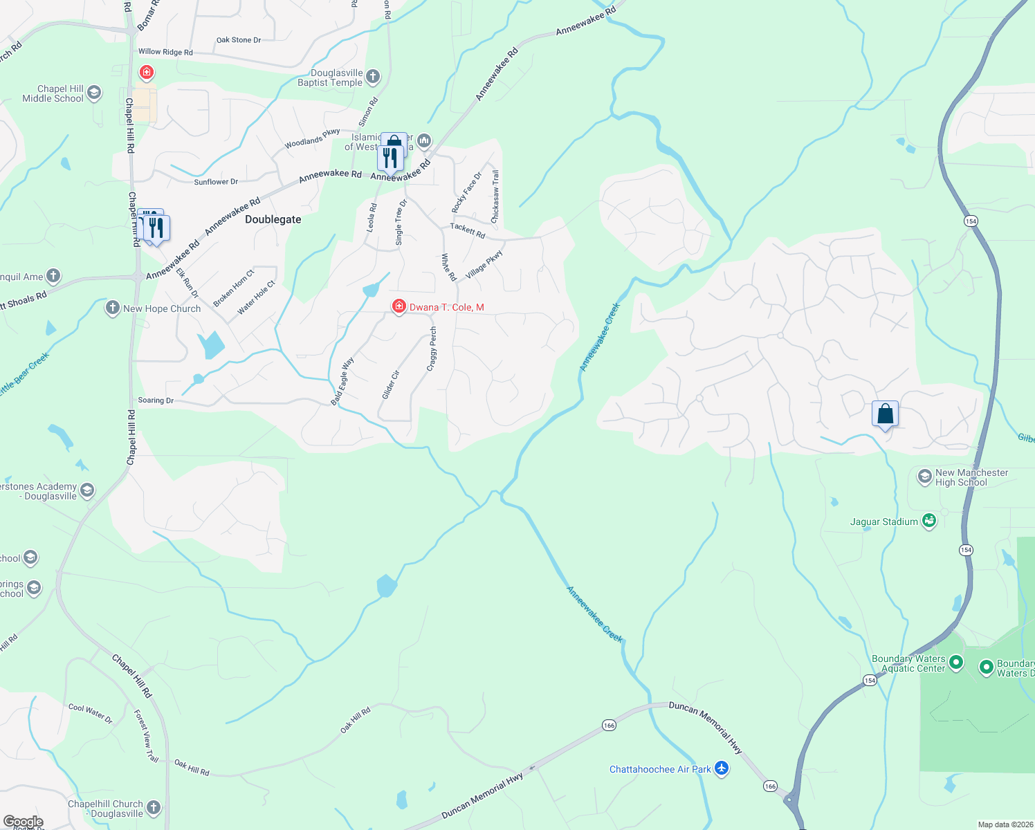 map of restaurants, bars, coffee shops, grocery stores, and more near 3172 Lower Creek Drive in Douglasville