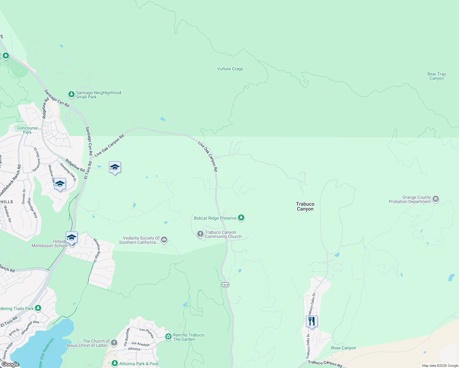map of restaurants, bars, coffee shops, grocery stores, and more near 19401 Oakie Doakie in Trabuco Canyon