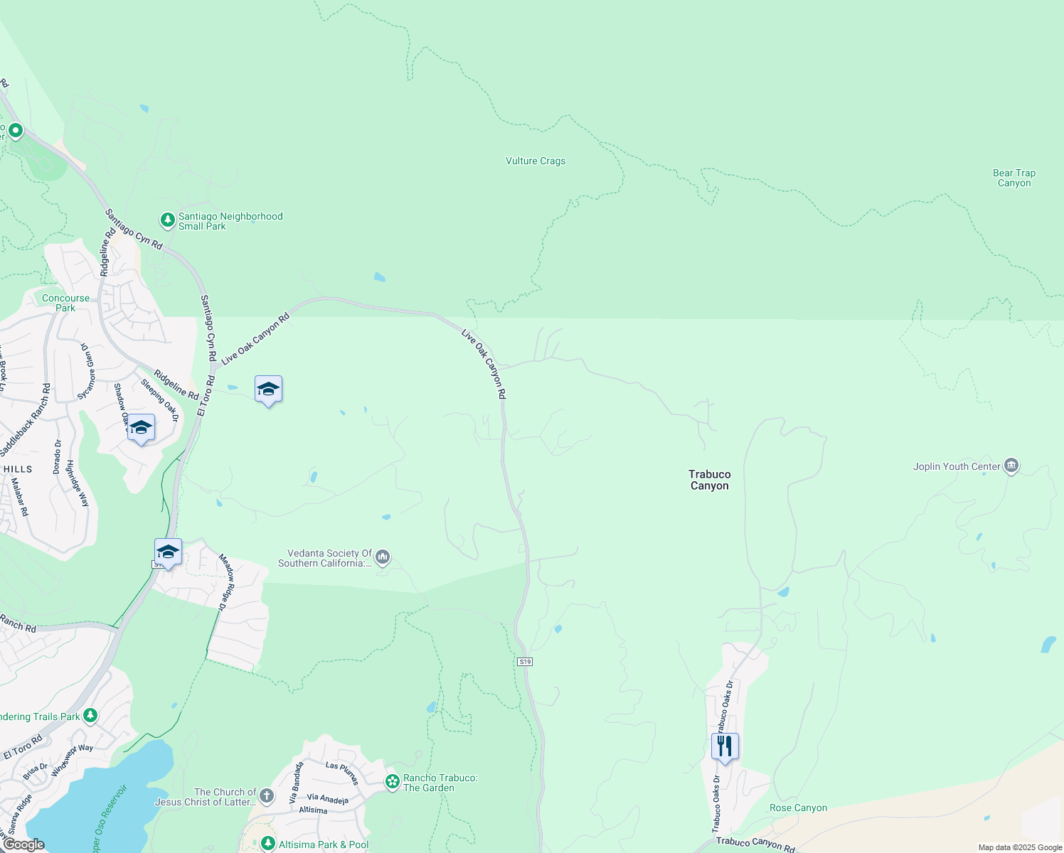 map of restaurants, bars, coffee shops, grocery stores, and more near 19401 Oakie Doakie in Trabuco Canyon