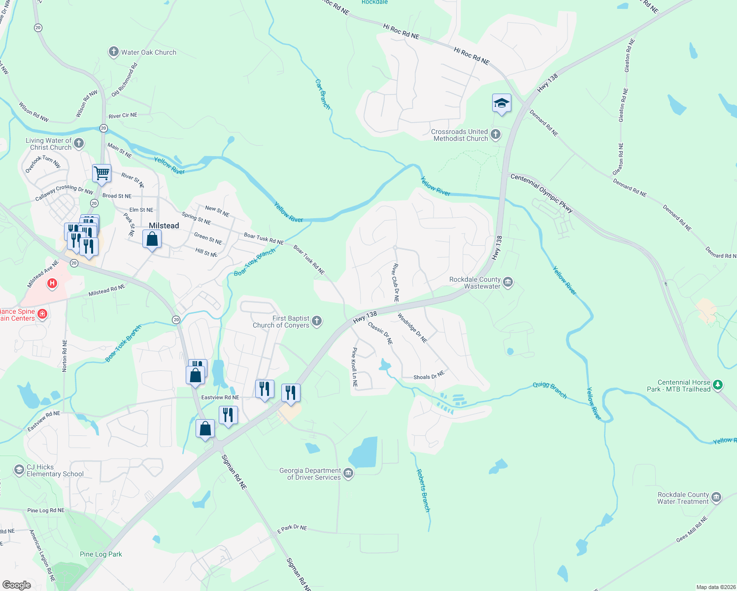 map of restaurants, bars, coffee shops, grocery stores, and more near 1538 Riverbrooke Way NE in Conyers