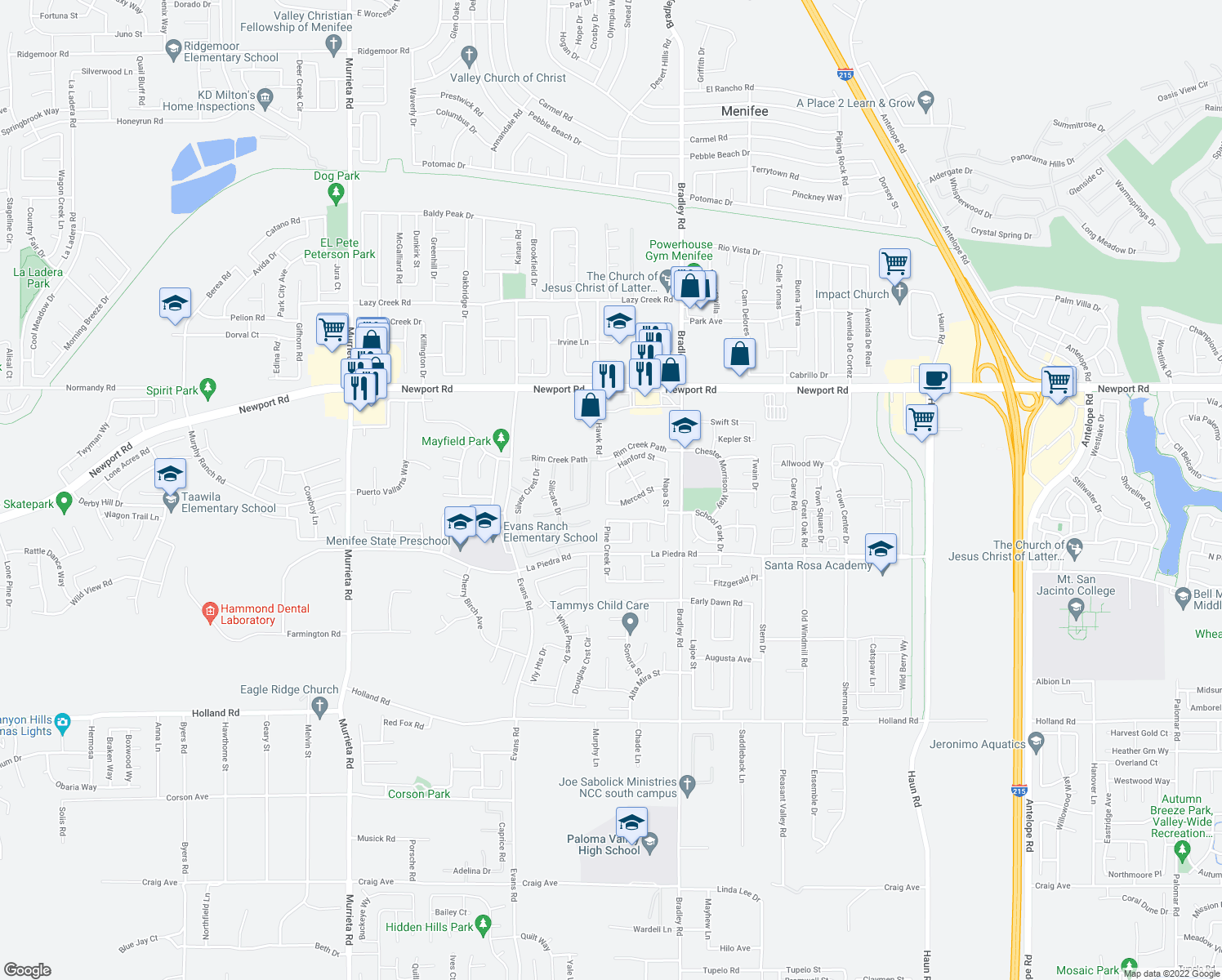 map of restaurants, bars, coffee shops, grocery stores, and more near 26814 Madera Court in Menifee