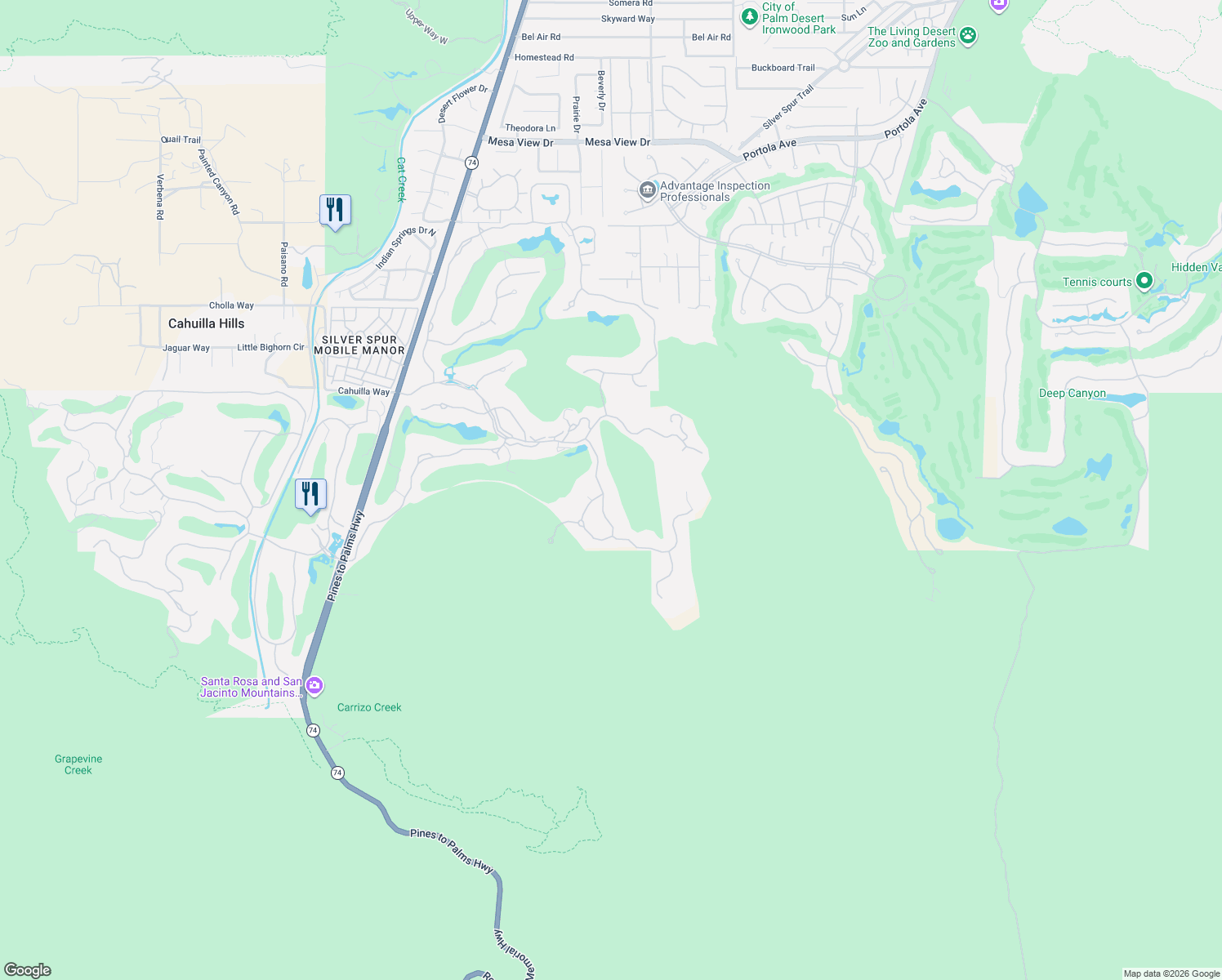 map of restaurants, bars, coffee shops, grocery stores, and more near 602 Rocky Creek in Palm Desert