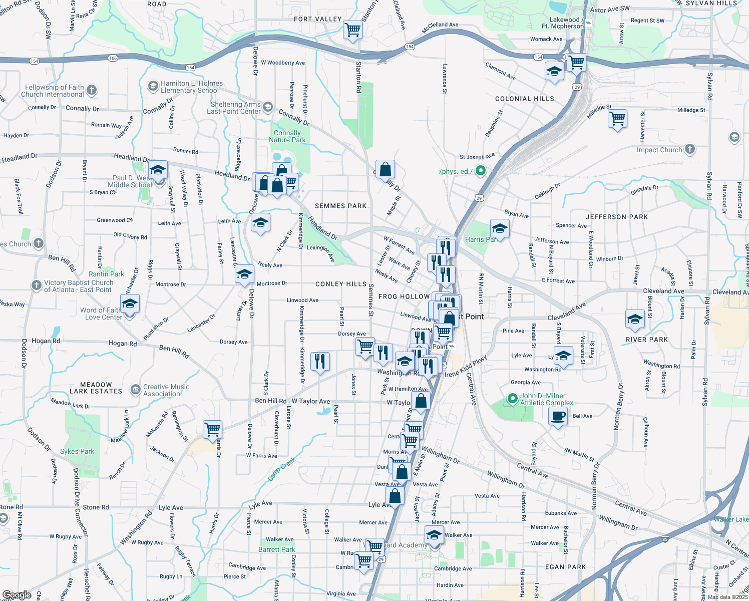 map of restaurants, bars, coffee shops, grocery stores, and more near 2734 Semmes Street in East Point