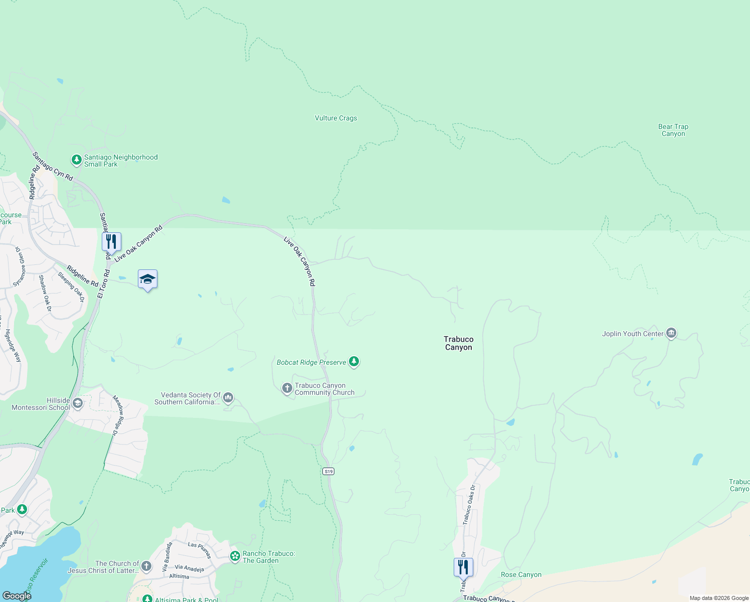map of restaurants, bars, coffee shops, grocery stores, and more near Hunky Dory Lane in Trabuco Canyon