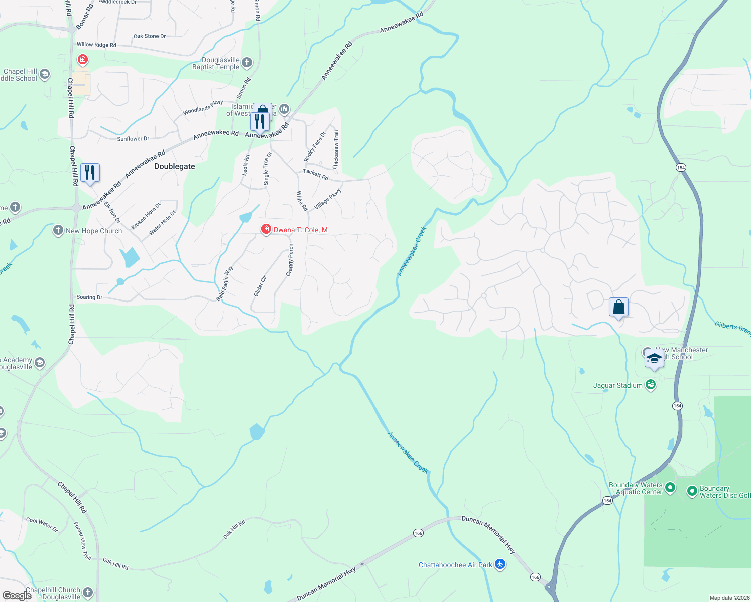map of restaurants, bars, coffee shops, grocery stores, and more near 3141 Lower Creek Drive in Douglasville