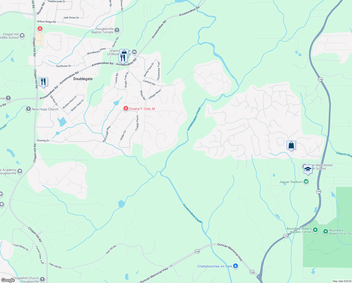 map of restaurants, bars, coffee shops, grocery stores, and more near 3141 Lower Creek Dr in Douglasville