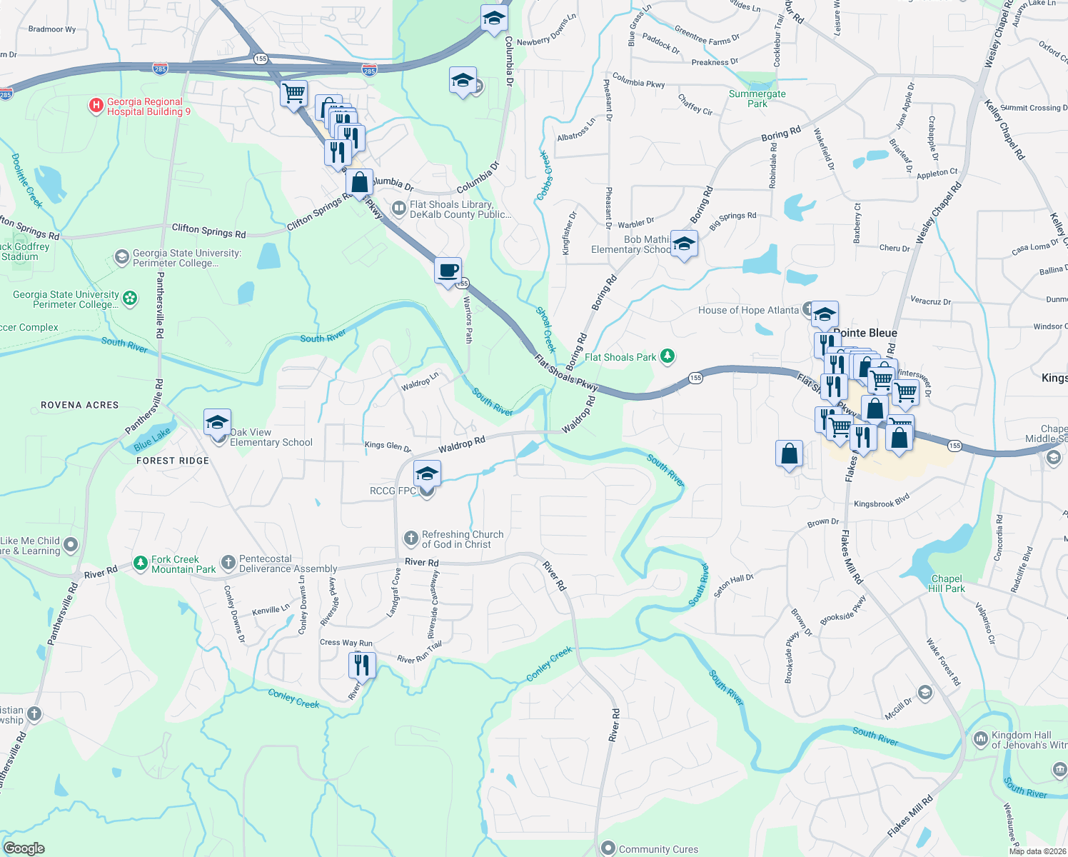 map of restaurants, bars, coffee shops, grocery stores, and more near 3690 Waldrop Cliff Ln in Decatur