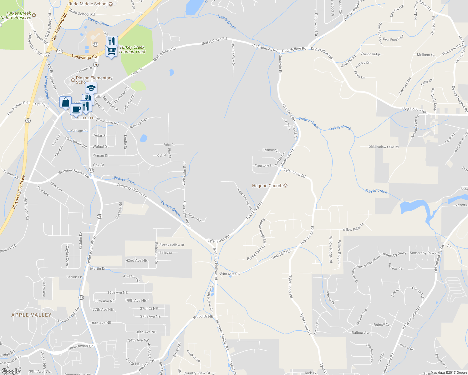 map of restaurants, bars, coffee shops, grocery stores, and more near 6118 Knob Knoster Road in Pinson